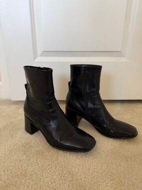 Jeffrey Campbell Black Leather Square-Toe Ankle Boots with Block Heel